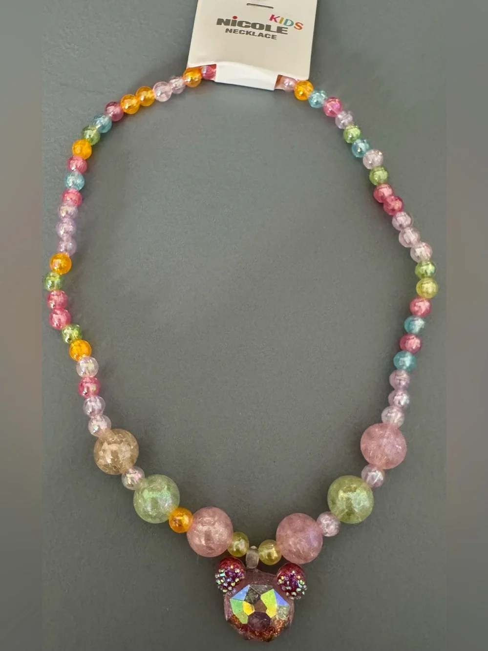Nicole Pink Multicolor Beaded Teddy Pendant Necklace stretch